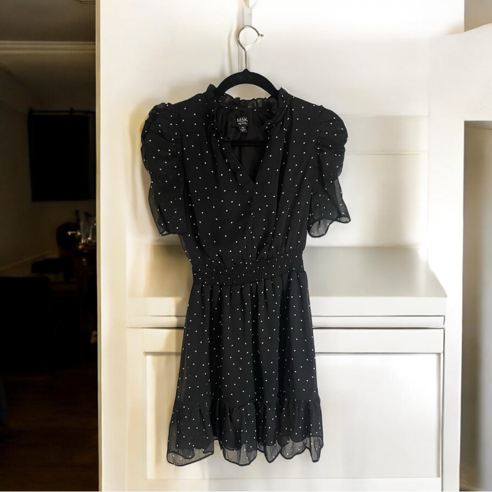 MSK Black Wrap Mini Dress with Puff Sleeves Small Petite